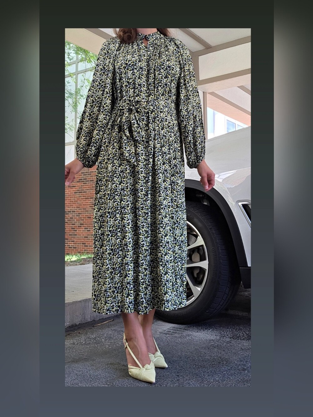 Black and Yellow Floral Tie-Waist Midi Dress